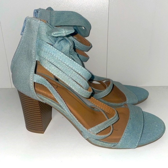Vintage Shoes - Y2k Denim heels Blue heels zip up strappy heels